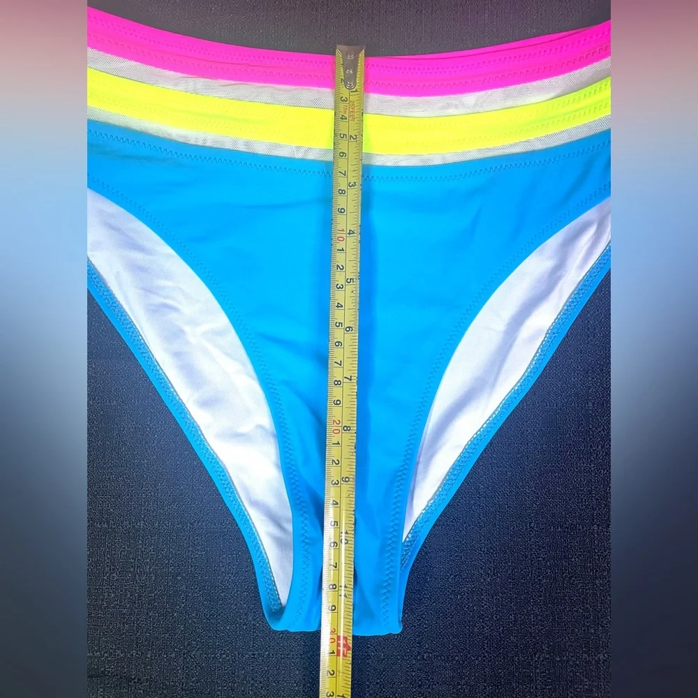 POPVIL Swim Bikini Bottom High Leg Waist Neon Turquoise Pink Yellow Med NEW NWT